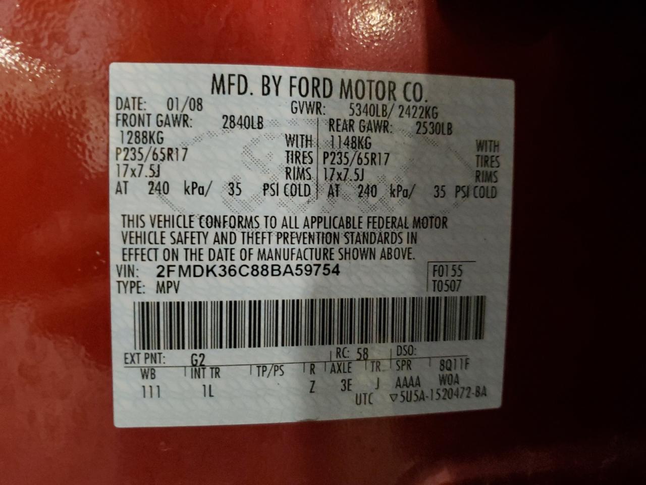 2008 Ford Edge Se VIN: 2FMDK36C88BA59754 Lot: 93667315