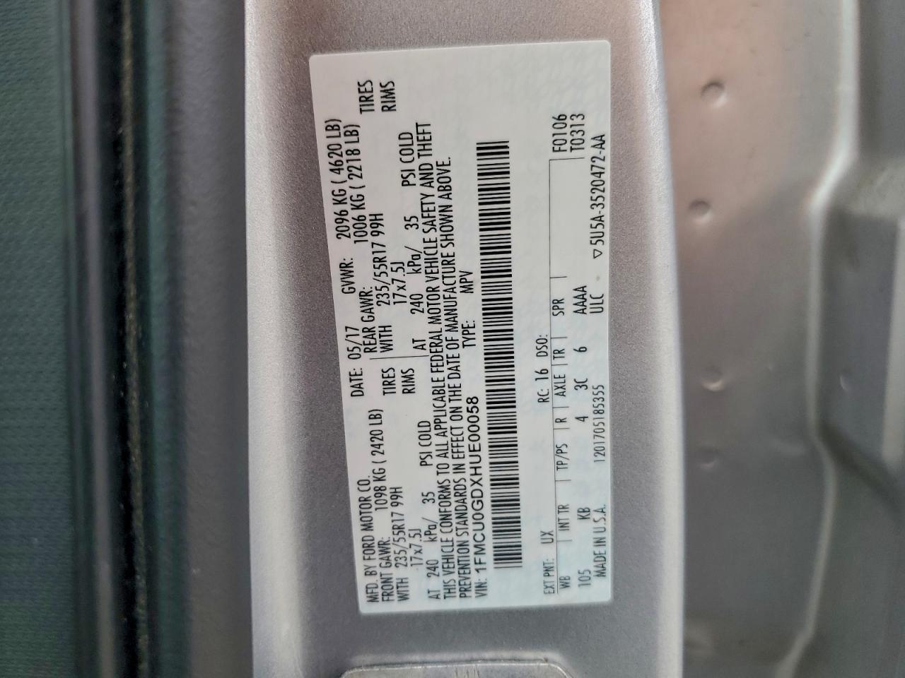 2017 Ford Escape Se VIN: 1FMCU0GDXHUE00058 Lot: 94250505