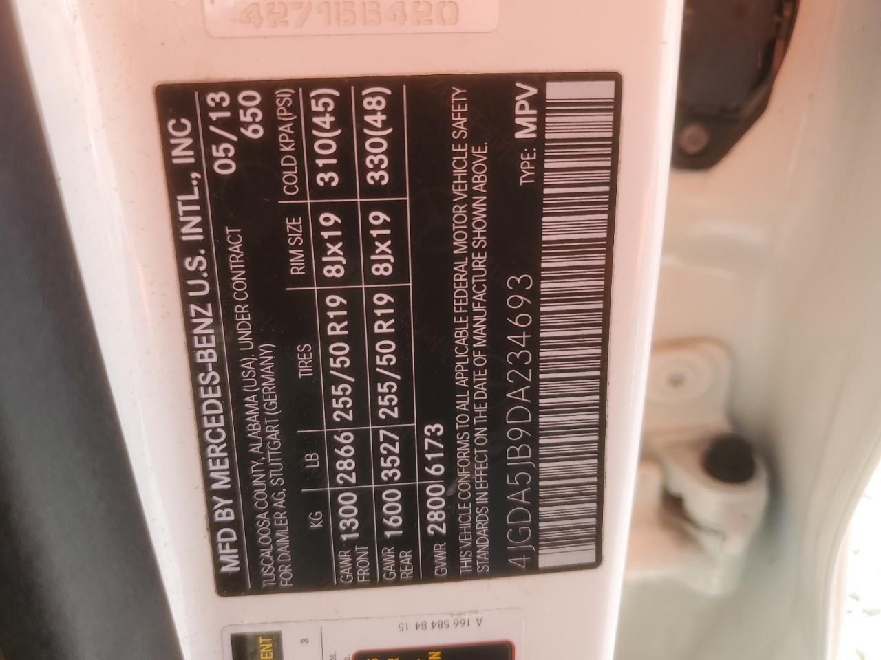 2013 Mercedes-Benz Ml 350 VIN: 4JGDA5JB9DA234693 Lot: 91008575