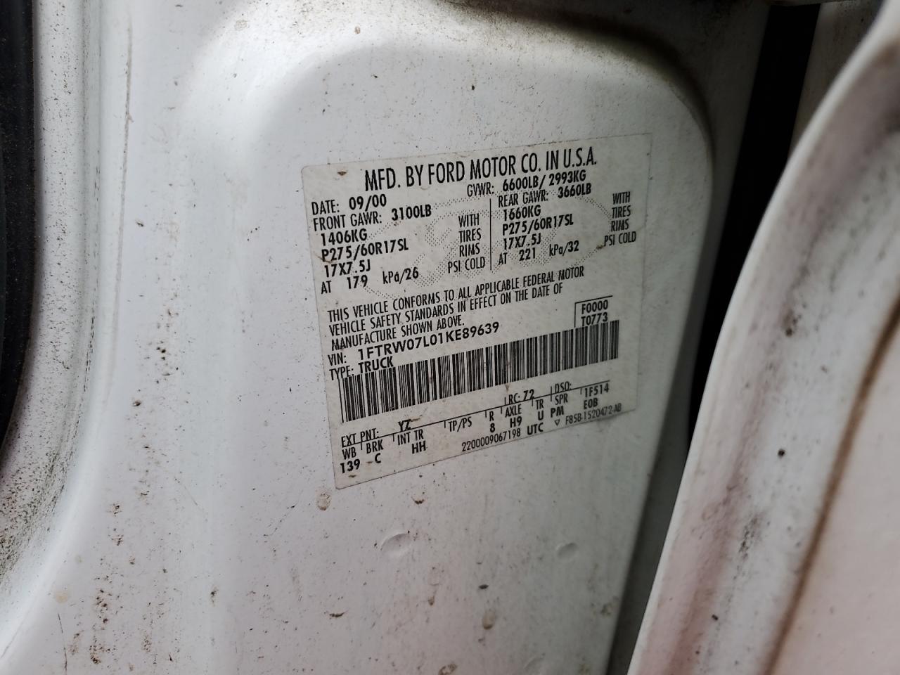 2001 Ford F150 Supercrew VIN: 1FTRW07L01KE89639 Lot: 92953385