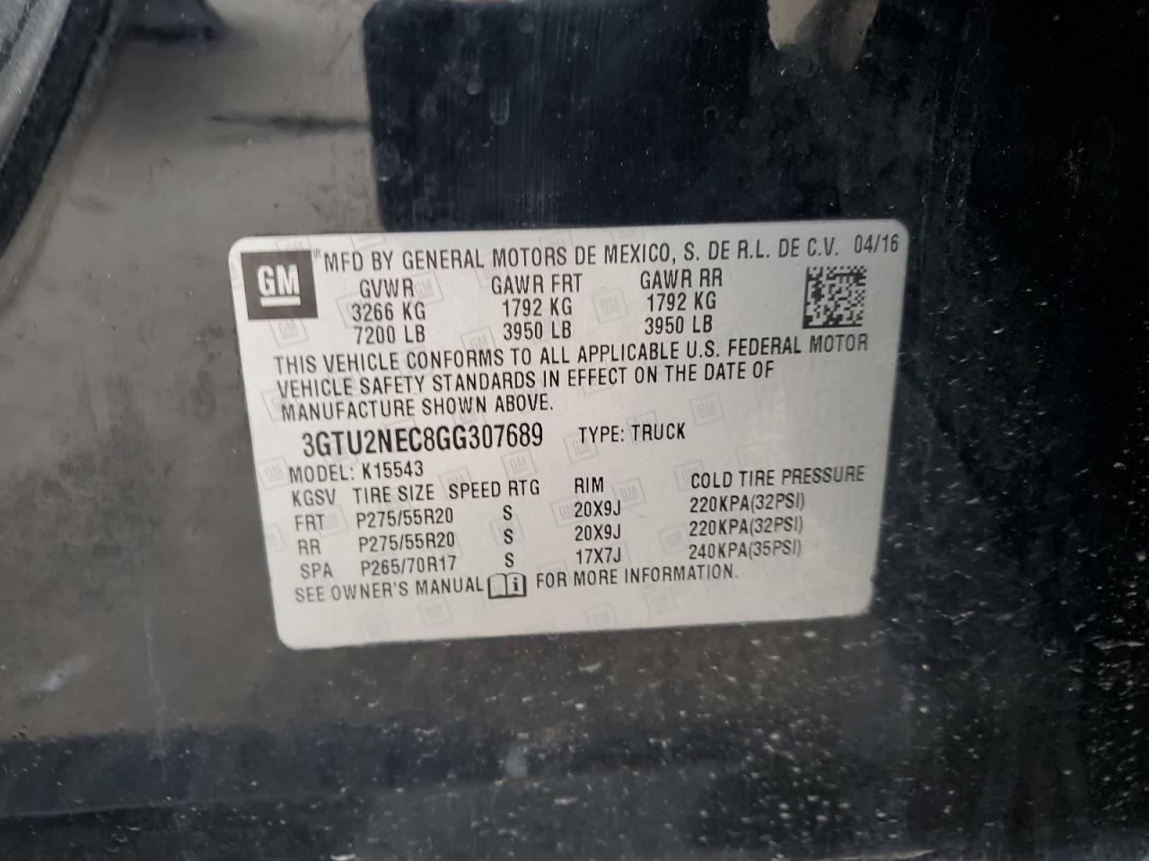 2016 GMC Sierra K1500 Slt VIN: 3GTU2NEC8GG307689 Lot: 92940525