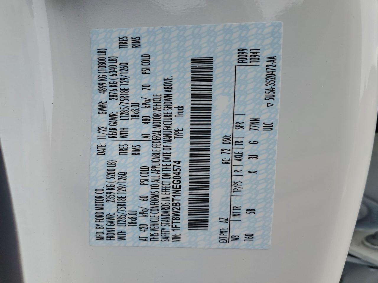 2022 Ford F250 Super Duty VIN: 1FT8W2BT1NEG04574 Lot: 92704545