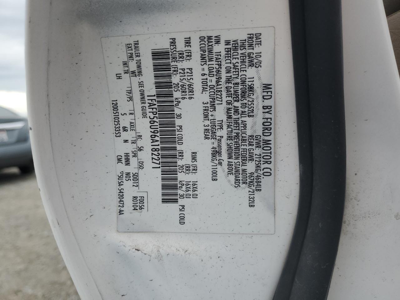 2006 Ford Taurus Sel VIN: 1FAFP56U96A182271 Lot: 92321805