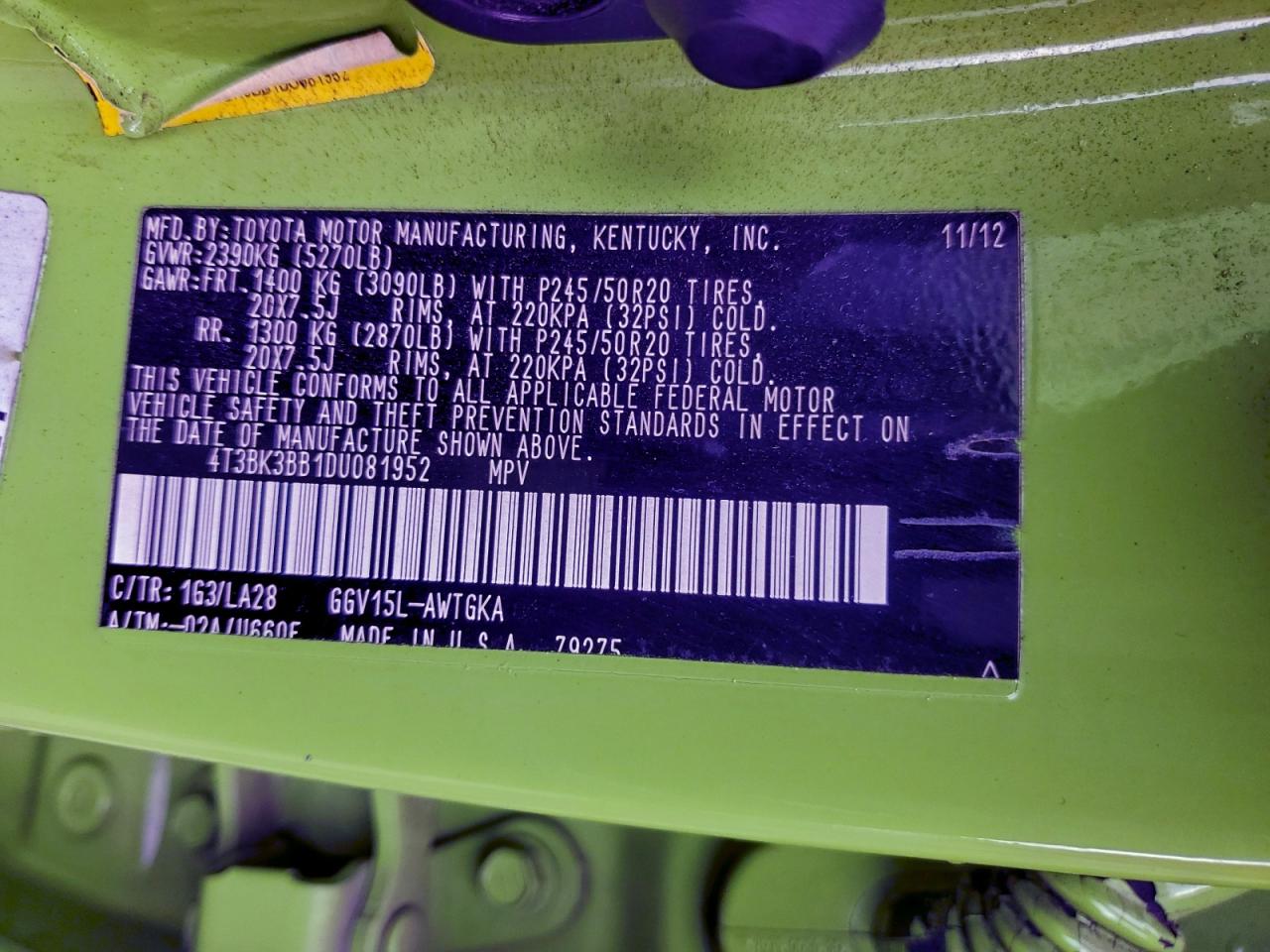 2013 Toyota Venza Le VIN: 4T3BK3BB1DU081952 Lot: 94067005