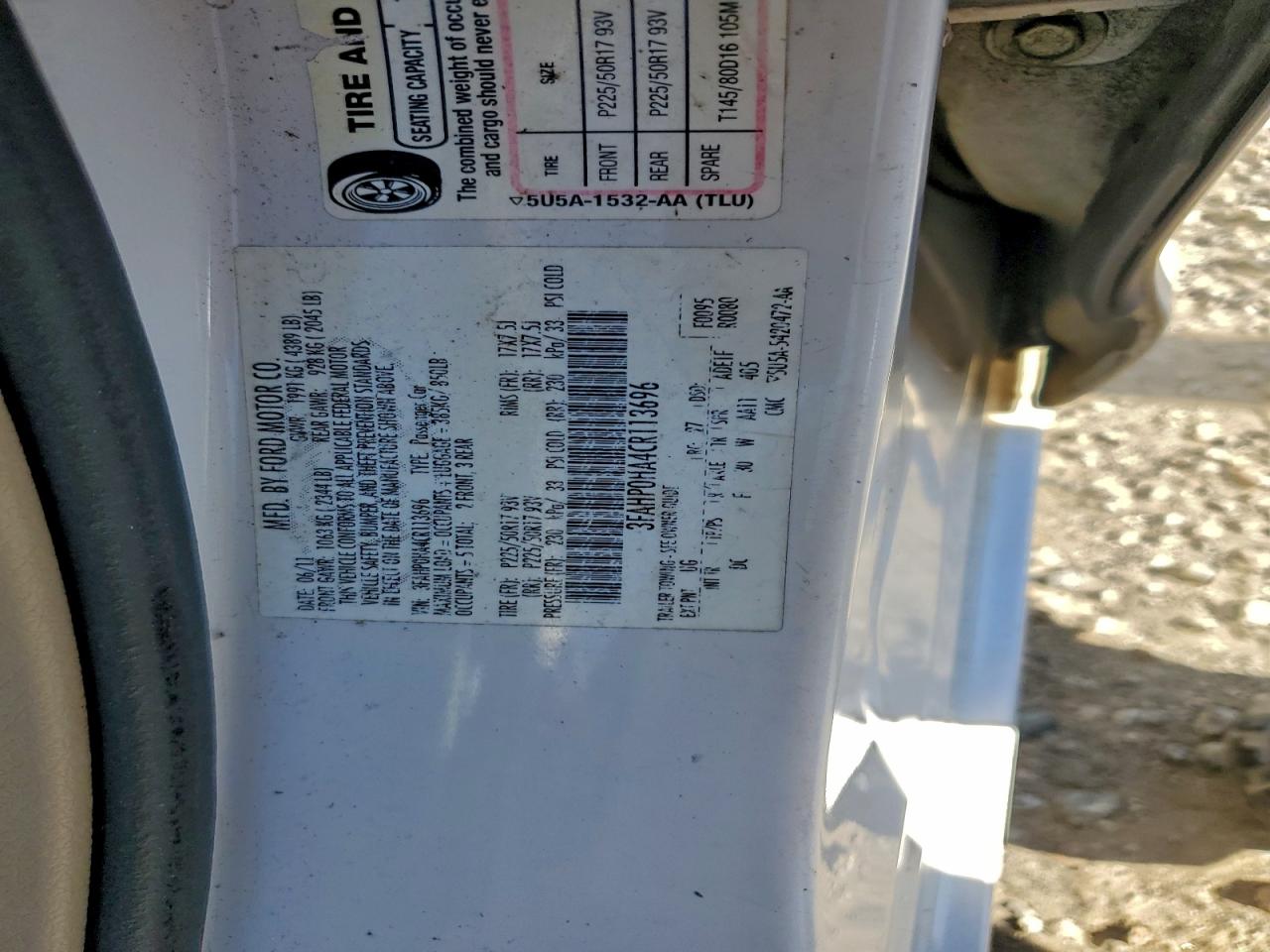 2012 Ford Fusion Se VIN: 3FAHP0HA4CR113696 Lot: 93925165