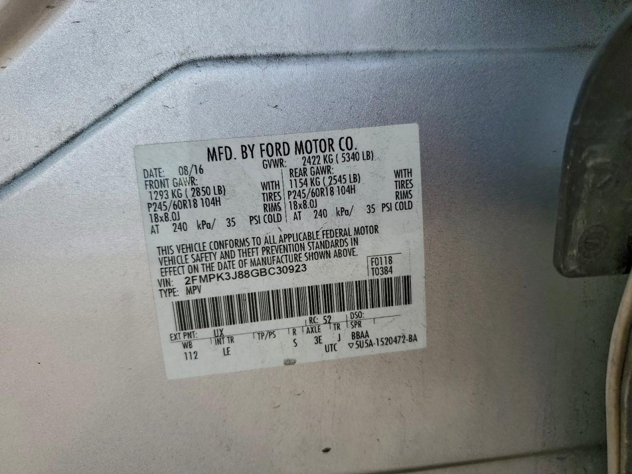 2016 Ford Edge Sel VIN: 2FMPK3J88GBC30923 Lot: 94693985