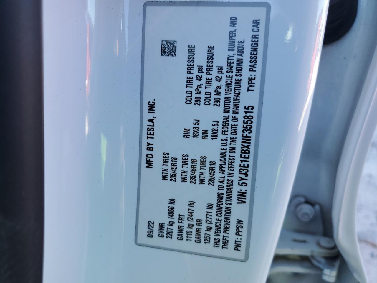 2022 Tesla Model 3 VIN: 5YJ3E1EBXNF355815 Lot: 91323315