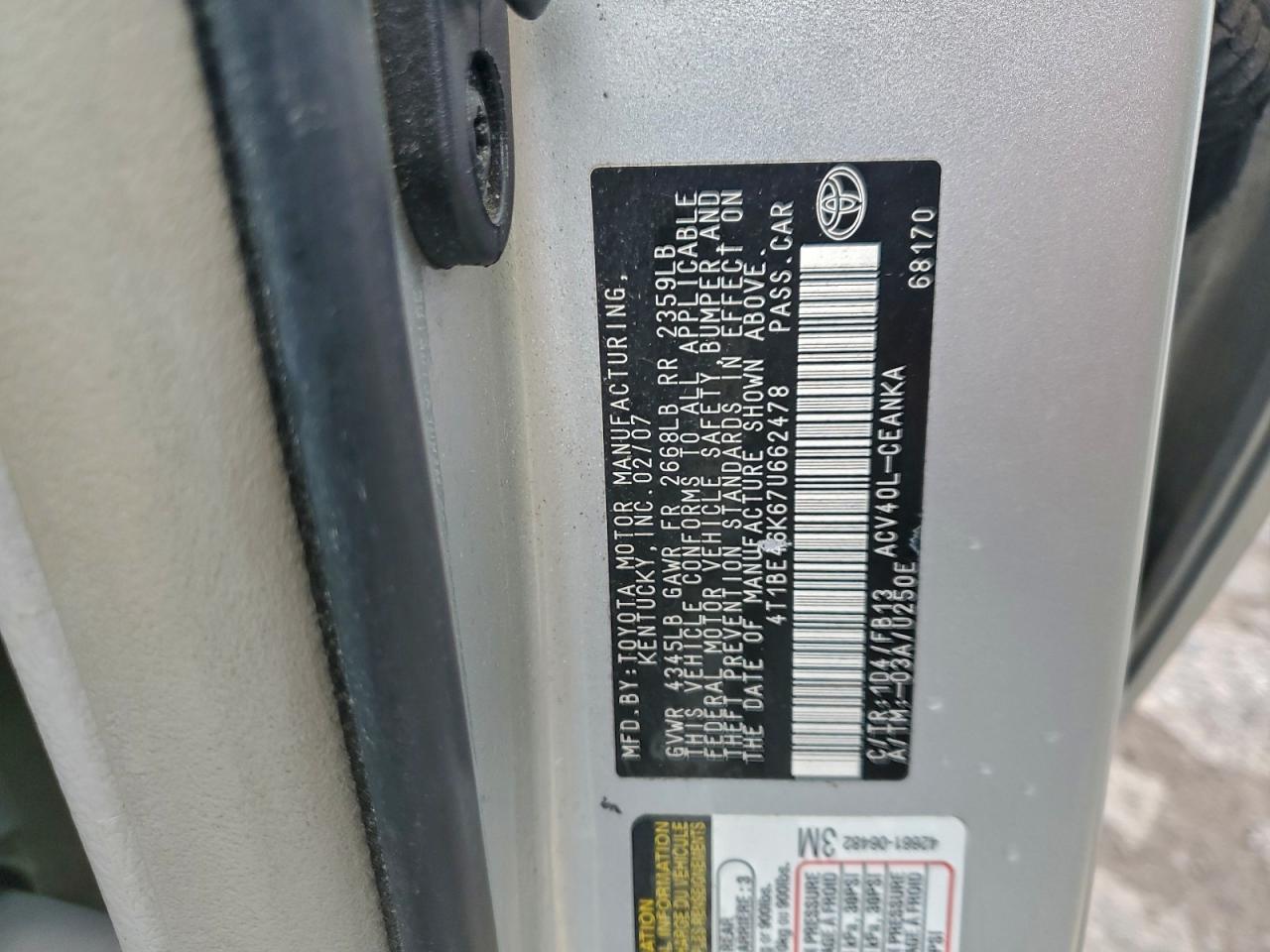 2007 Toyota Camry Ce VIN: 4T1BE46K67U662478 Lot: 92841305