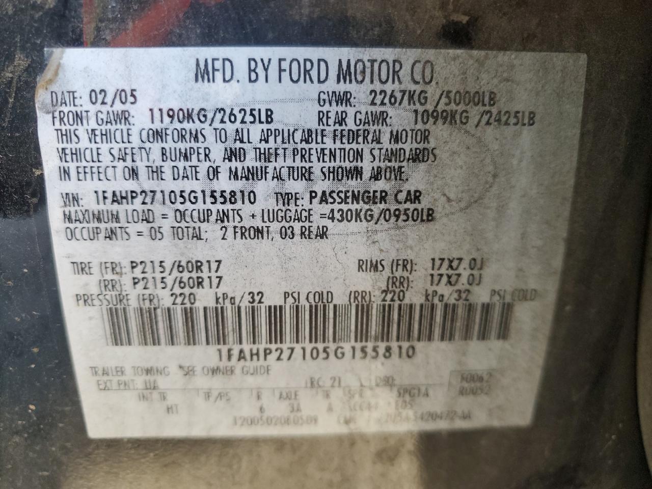 2005 Ford Five Hundred Sel VIN: 1FAHP27105G155810 Lot: 91679575