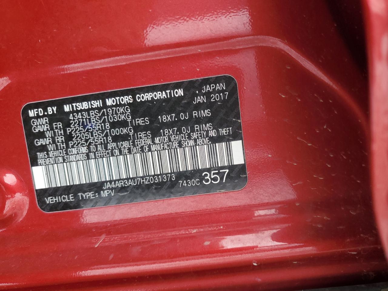 2017 Mitsubishi Outlander Sport Es VIN: JA4AR3AU7HZ031373 Lot: 91119235