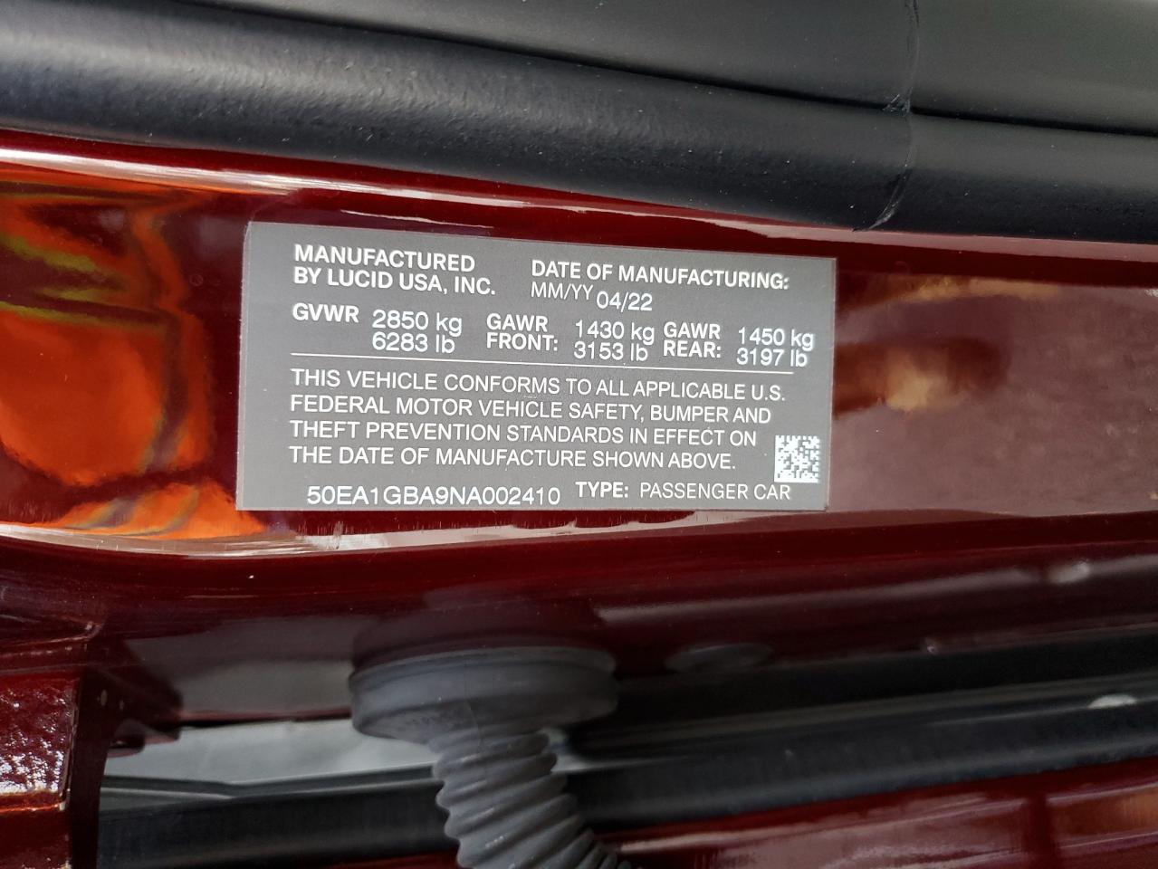 2022 Lucid Motors Air Grand Touring VIN: 50EA1GBA9NA002410 Lot: 92231745