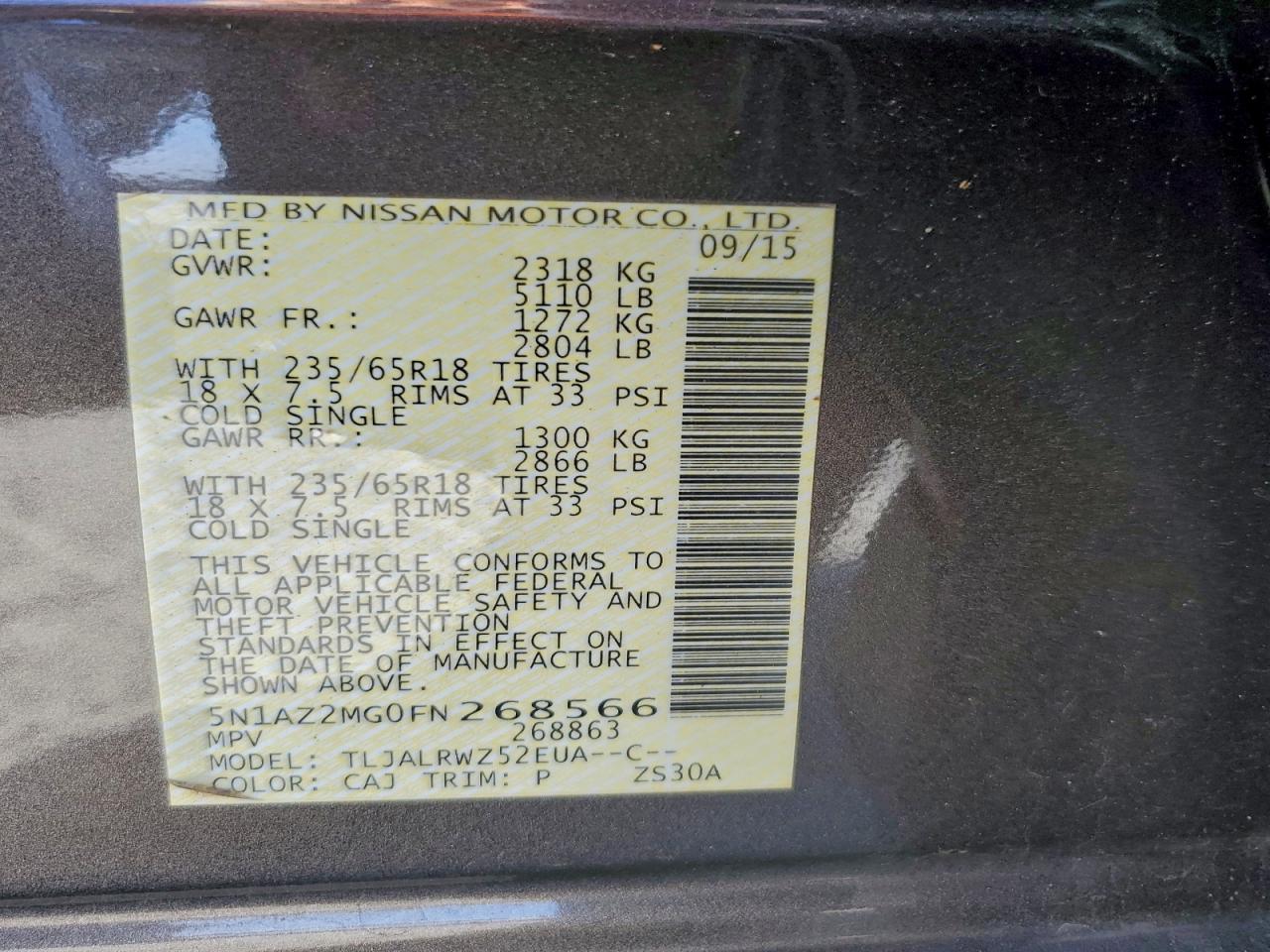 2015 Nissan Murano S VIN: 5N1AZ2MG0FN268566 Lot: 94375405