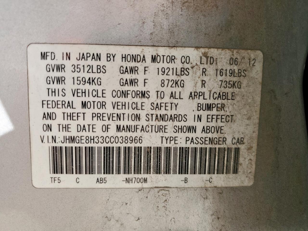 2012 Honda Fit VIN: JHMGE8H33CC038966 Lot: 91604715