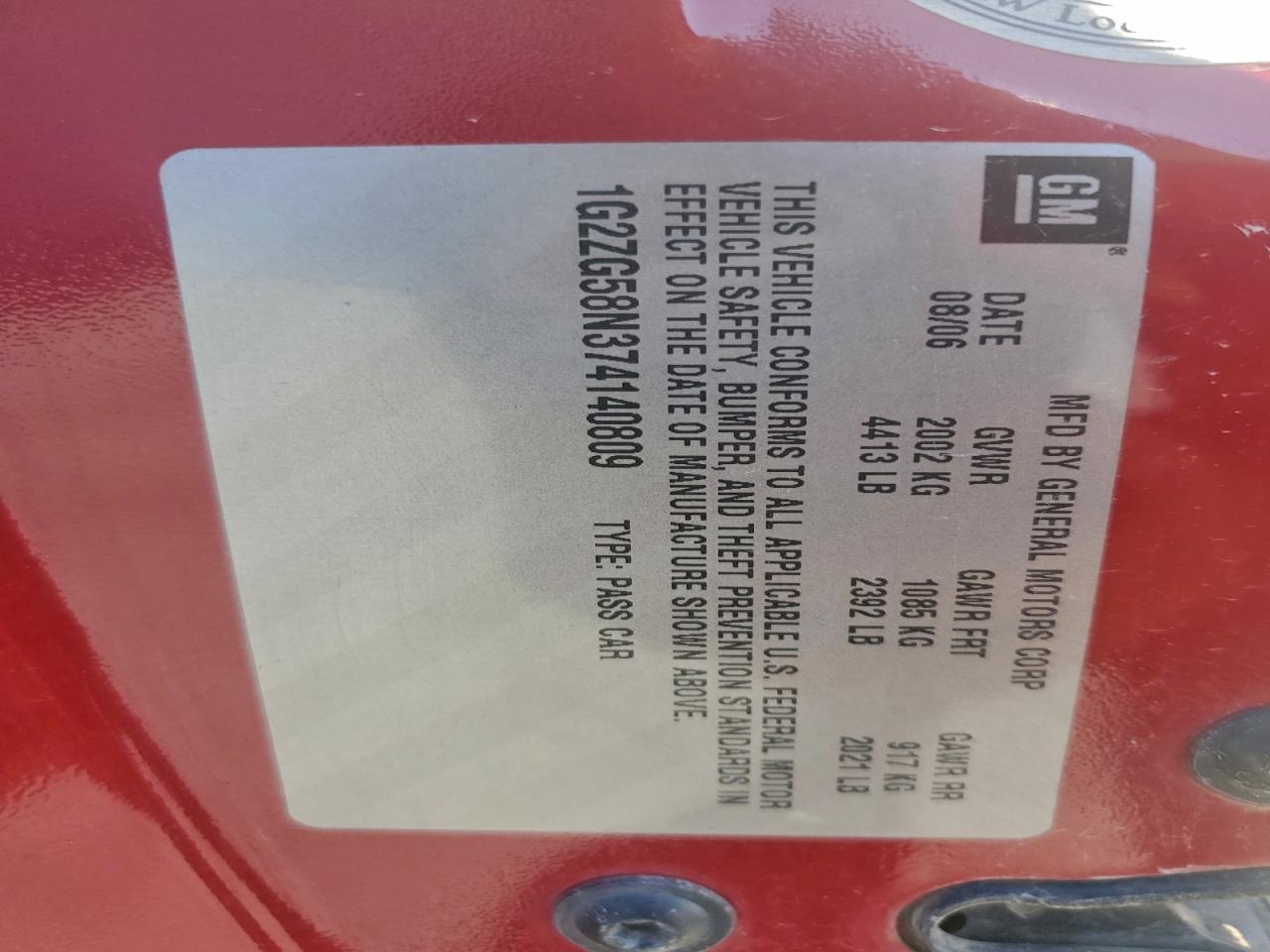 2007 Pontiac G6 Base VIN: 1G2ZG58N374140809 Lot: 94487915