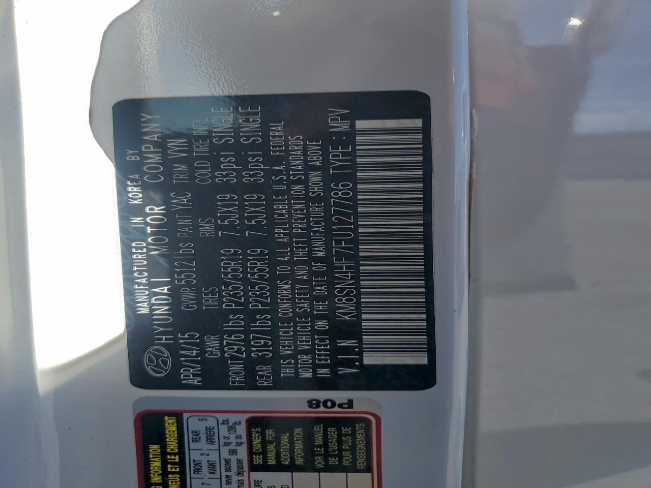 2015 Hyundai Santa Fe Gls VIN: KM8SN4HF7FU127786 Lot: 94095245