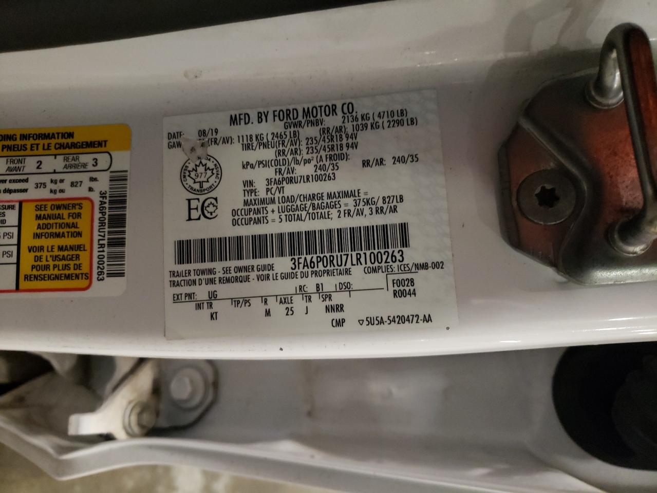 2020 Ford Fusion Titanium VIN: 3FA6P0RU7LR100263 Lot: 93537035