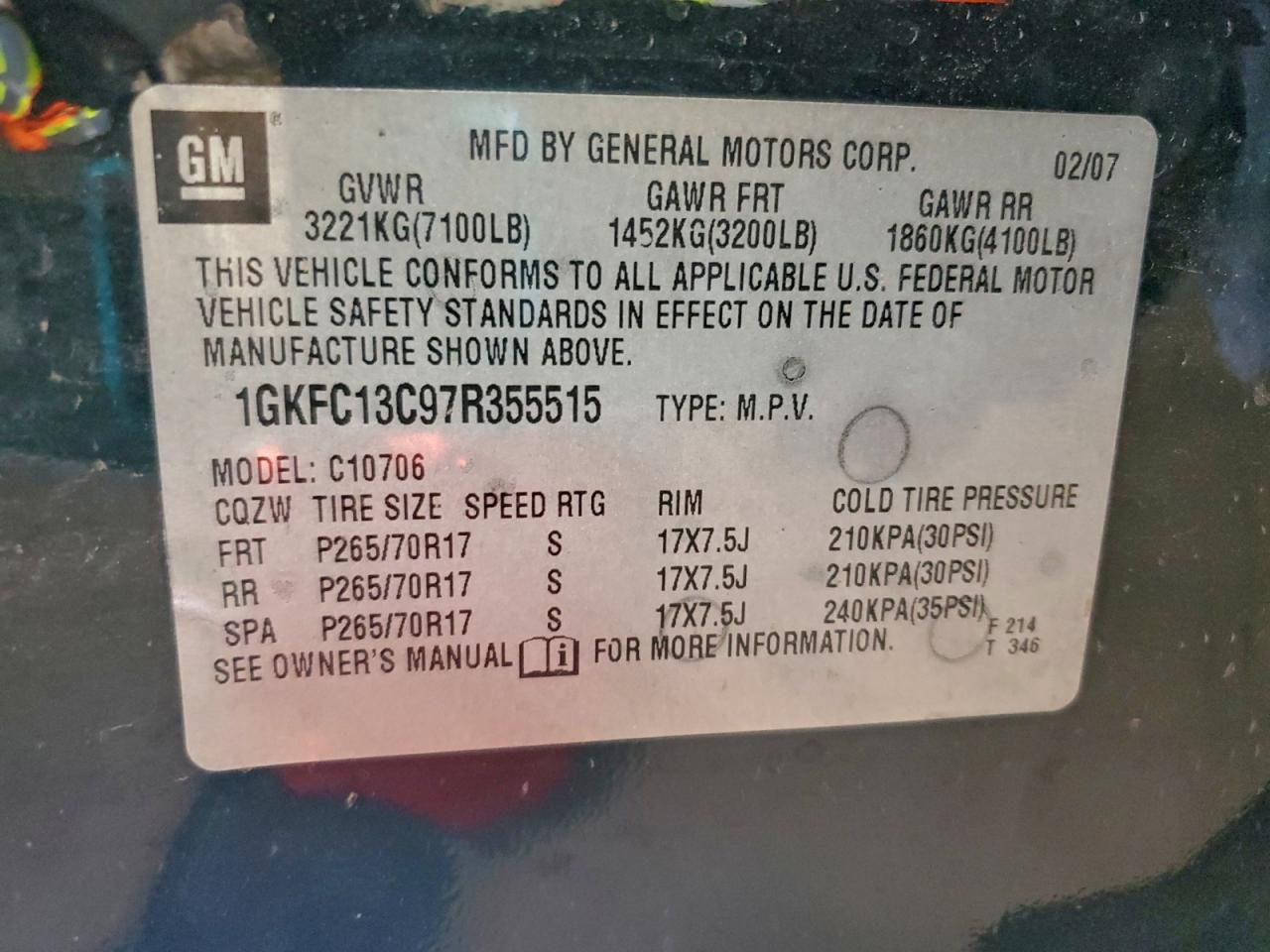 2007 GMC Yukon VIN: 1GKFC13C97R355515 Lot: 94892835
