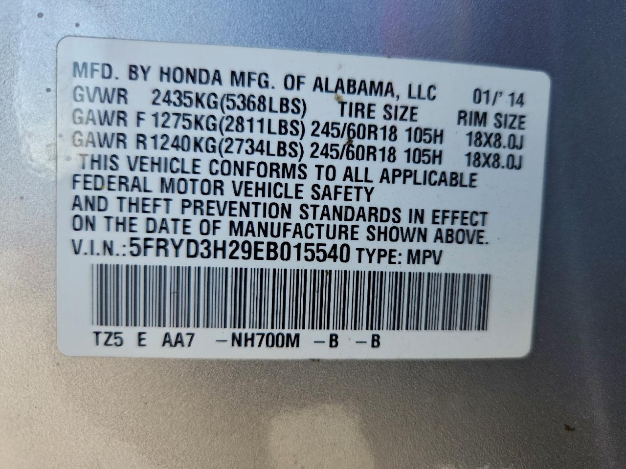 2014 Acura Mdx VIN: 5FRYD3H29EB015540 Lot: 93829455