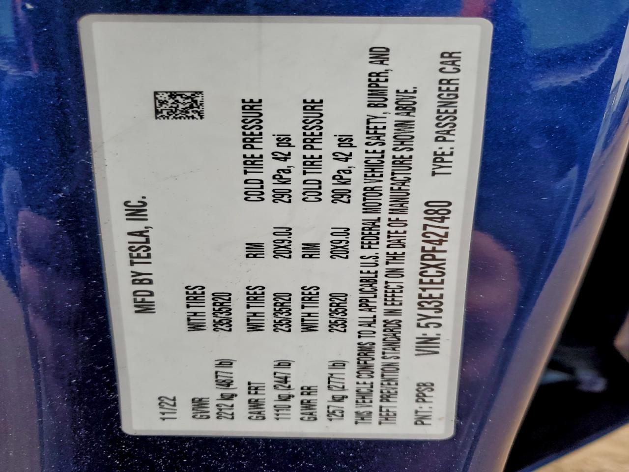 2023 Tesla Model 3 VIN: 5YJ3E1ECXPF427480 Lot: 94690315