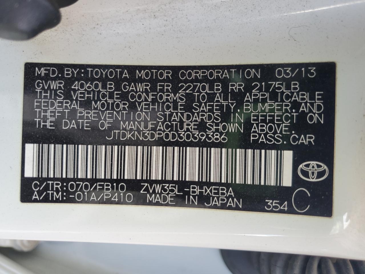 2013 Toyota Prius Plug-In VIN: JTDKN3DP0D3039386 Lot: 93239635