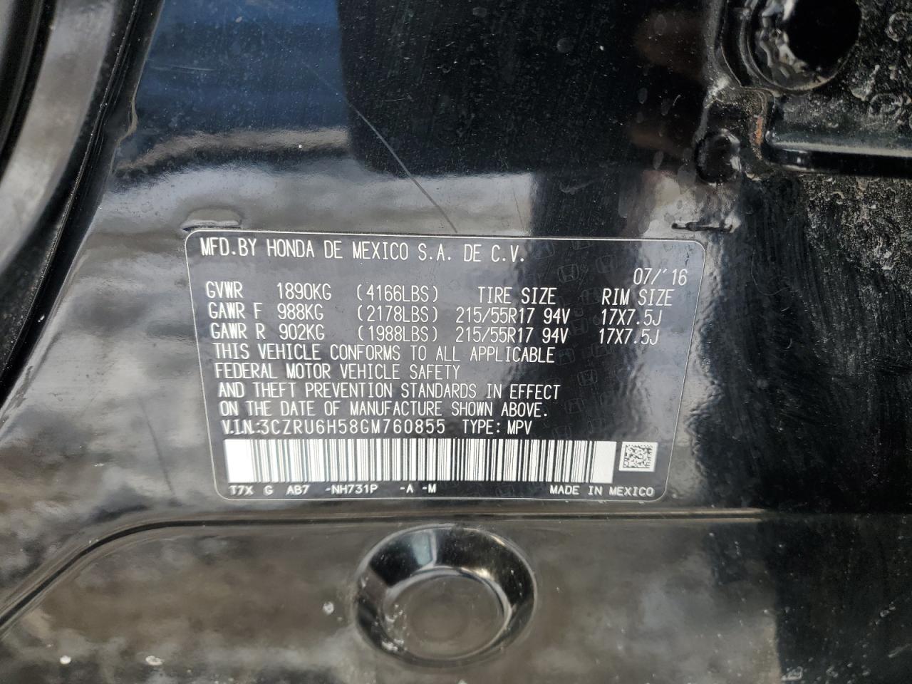 2016 Honda Hr-V Ex VIN: 3CZRU6H58GM760855 Lot: 92270115