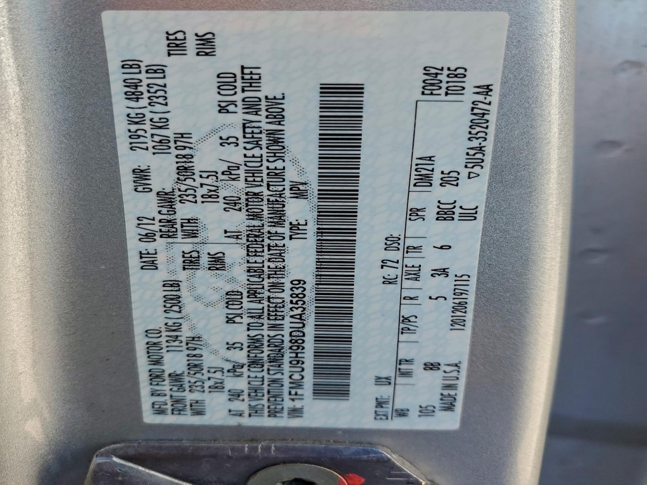 2013 Ford Escape Sel VIN: 1FMCU9H98DUA35839 Lot: 94081995