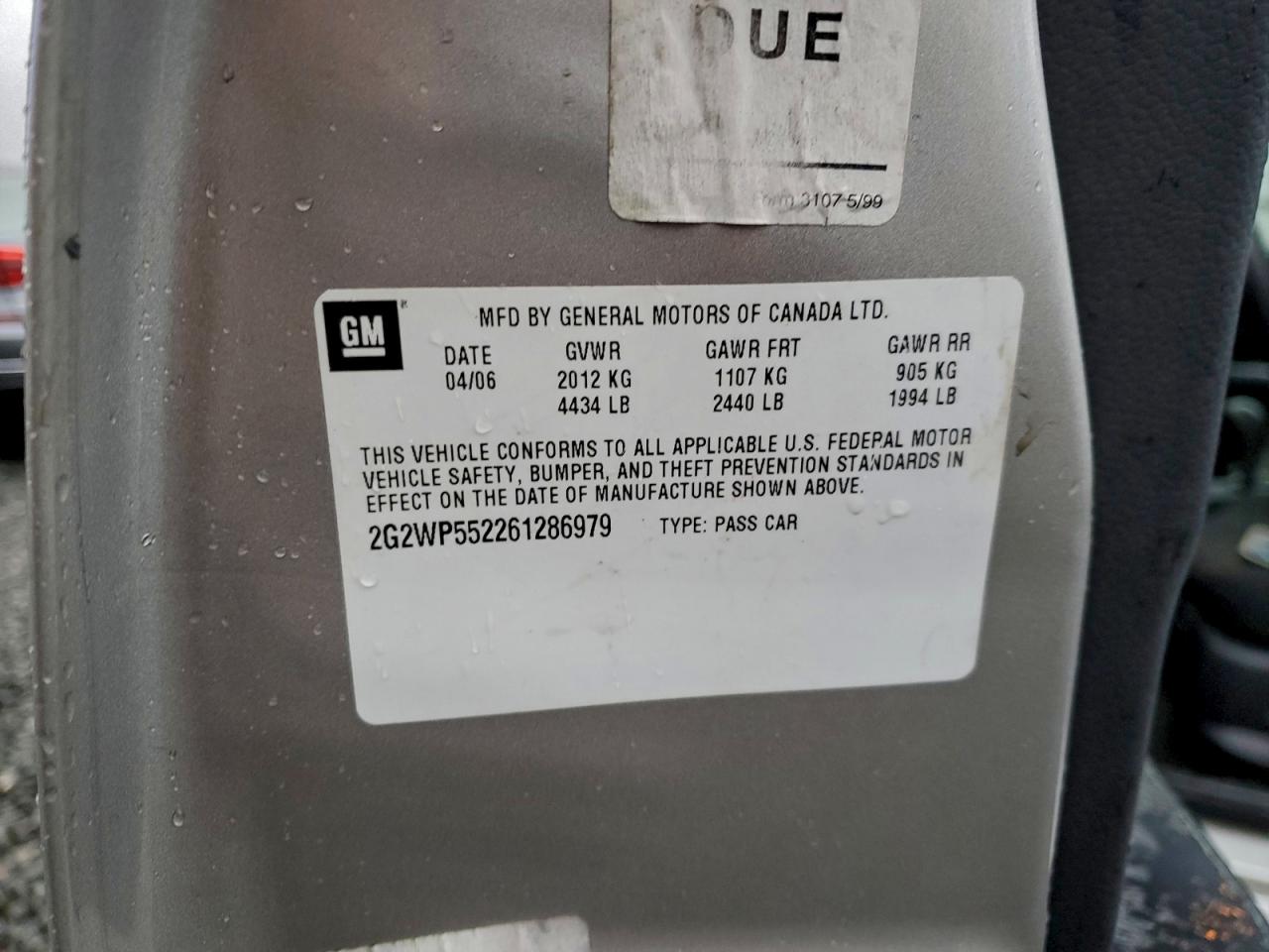 2006 Pontiac Grand Prix VIN: 2G2WP552261286979 Lot: 94314615