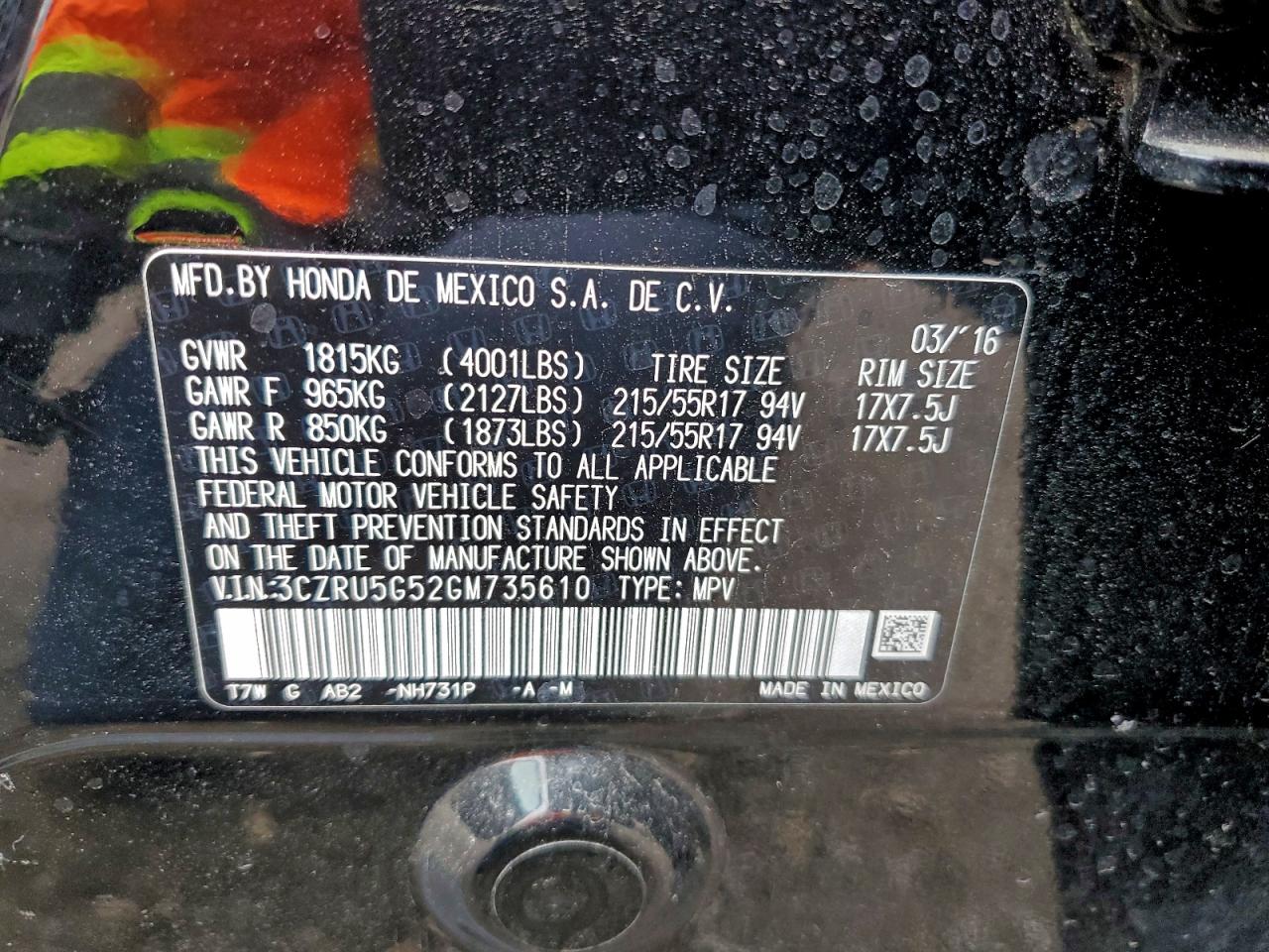 2016 Honda Hr-V Ex VIN: 3CZRU5G52GM735610 Lot: 94311835