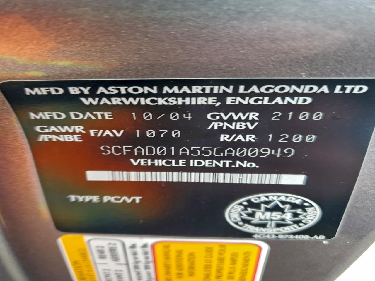 2005 Aston Martin Db9 VIN: SCFAD01A55GA00949 Lot: 93496245