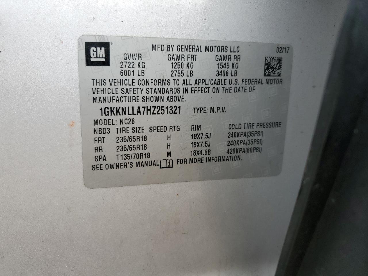 2017 GMC Acadia Sle VIN: 1GKKNLLA7HZ251321 Lot: 92641585