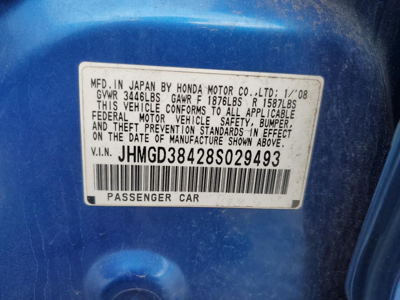 2008 Honda Fit VIN: JHMGD38428S029493 Lot: 93089455