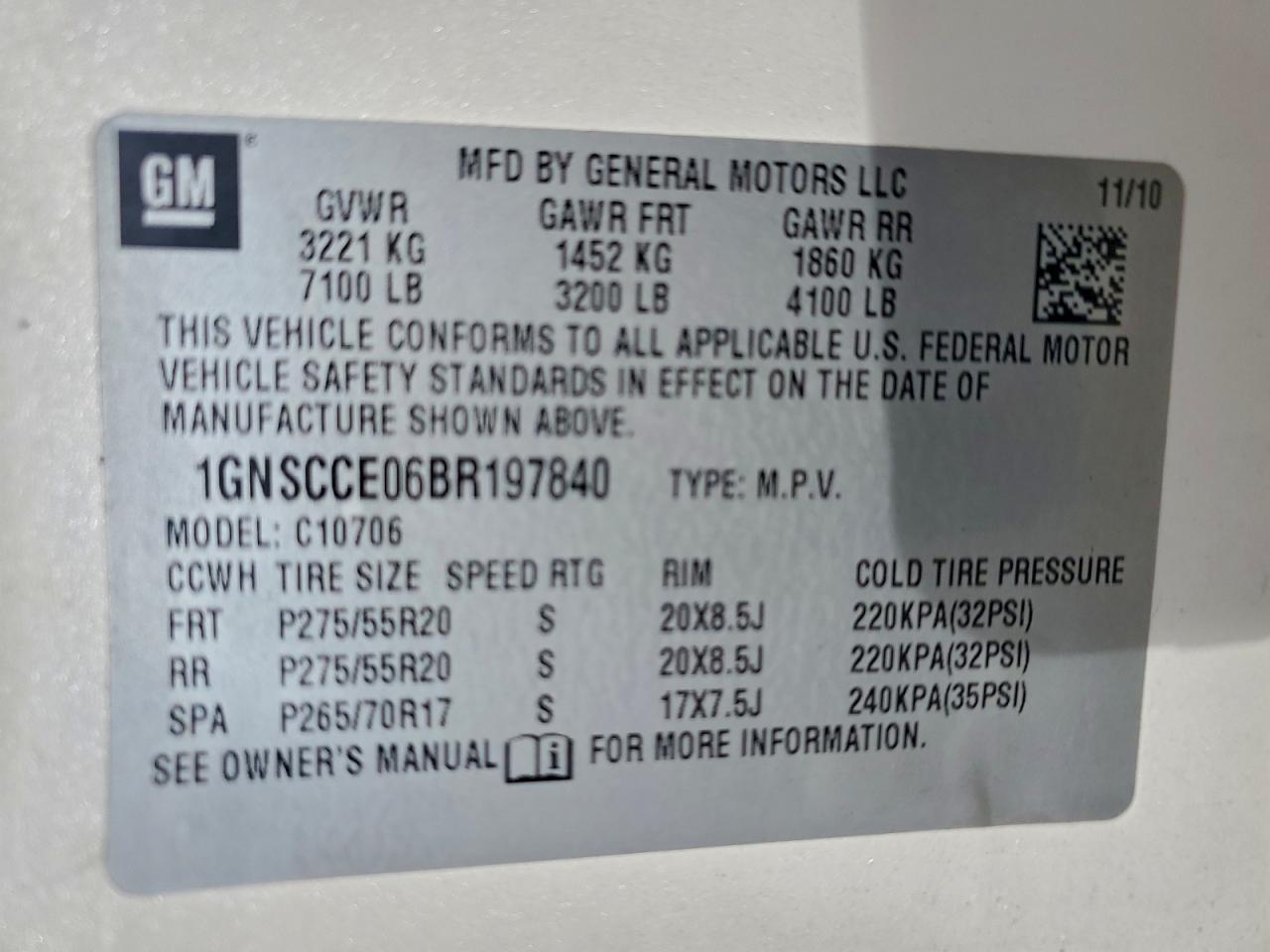 2011 Chevrolet Tahoe C1500 Ltz VIN: 1GNSCCE06BR197840 Lot: 94049145