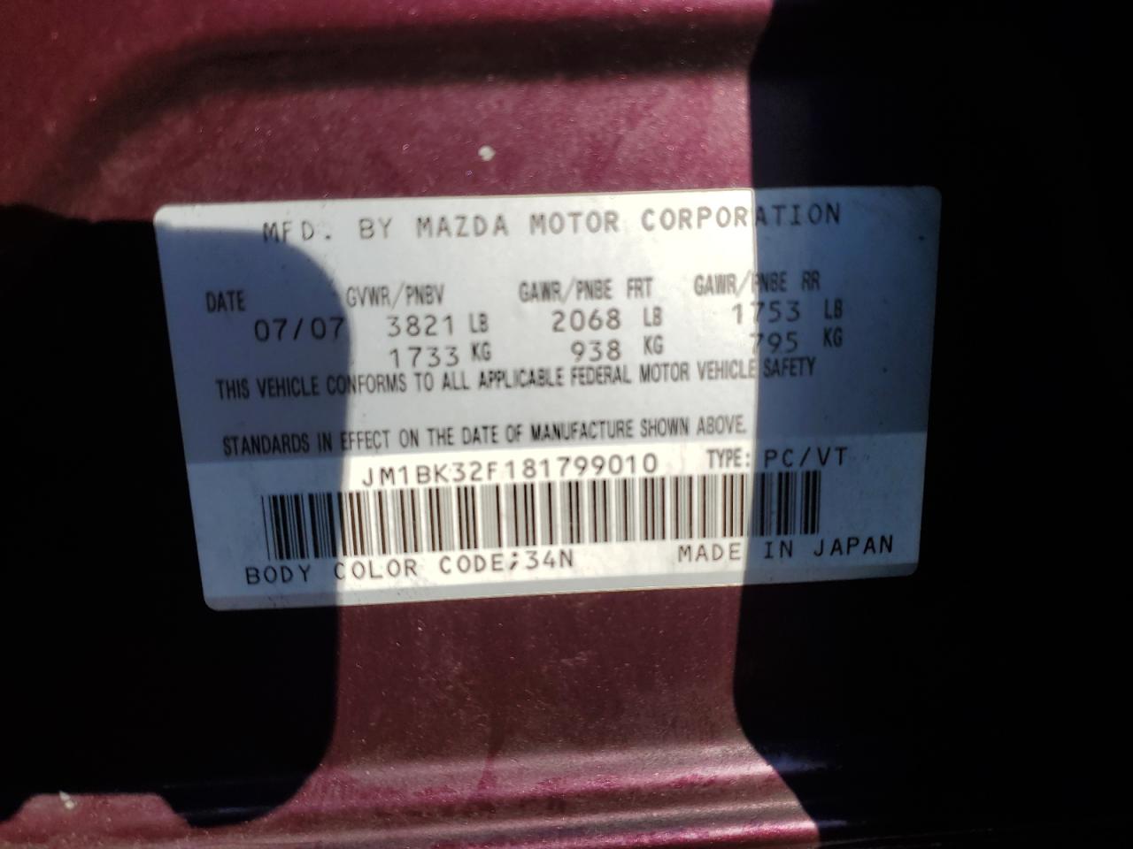 2008 Mazda 3 I VIN: JM1BK32F181799010 Lot: 91163535