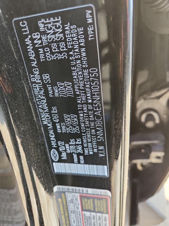 2022 Hyundai Tucson Sel VIN: 5NMJBCAE5NH105750 Lot: 92587225