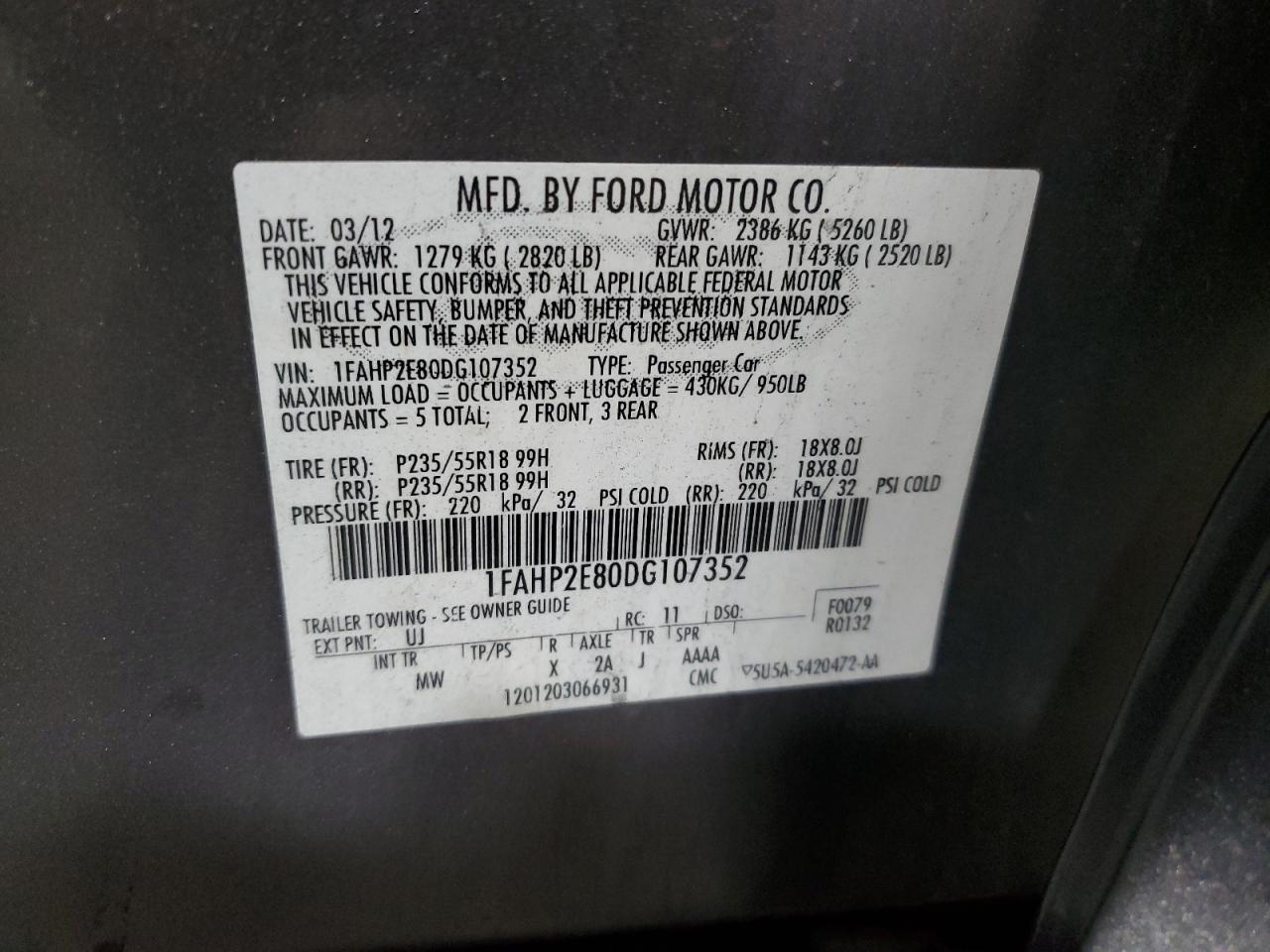 2013 Ford Taurus Sel VIN: 1FAHP2E80DG107352 Lot: 92400375