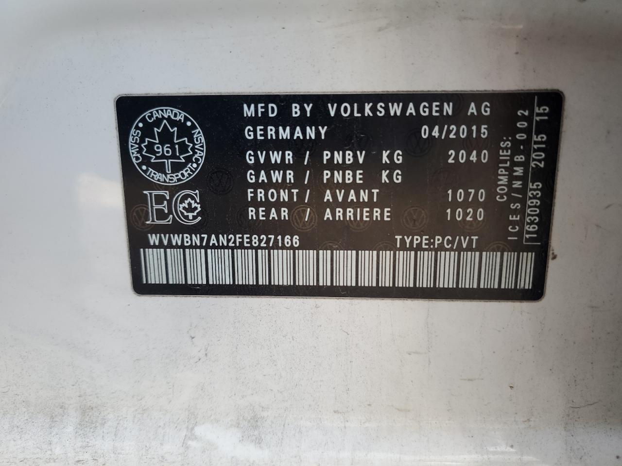 2015 Volkswagen Cc Sport VIN: WVWBN7AN2FE827166 Lot: 92845545