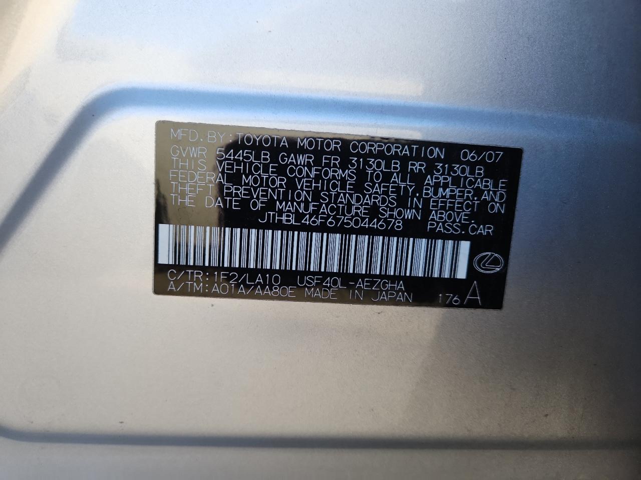 2007 Lexus Ls 460 VIN: JTHBL46F675044678 Lot: 92219265