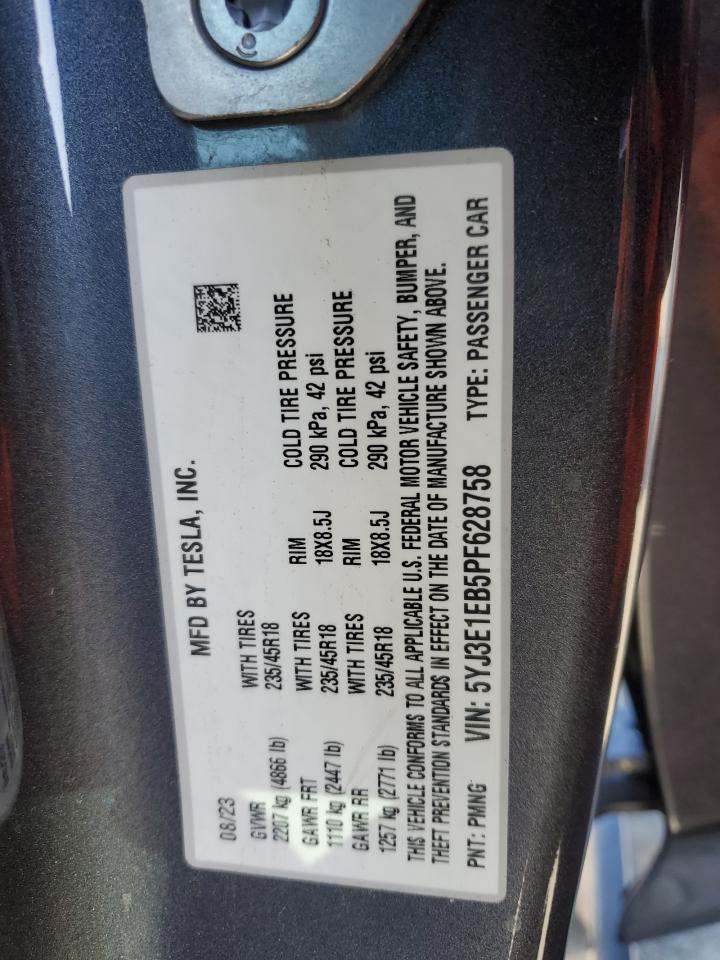 2023 Tesla Model 3 VIN: 5YJ3E1EB5PF628758 Lot: 93489675