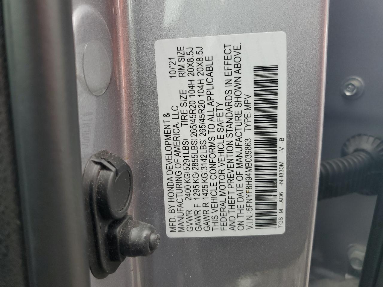 2021 Honda Passport Touring VIN: 5FNYF8H94MB039863 Lot: 93706785