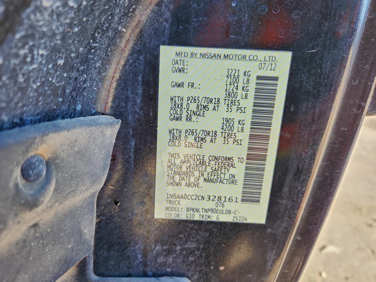 2012 Nissan Titan S VIN: 1N6AA0CC2CN328161 Lot: 92767105