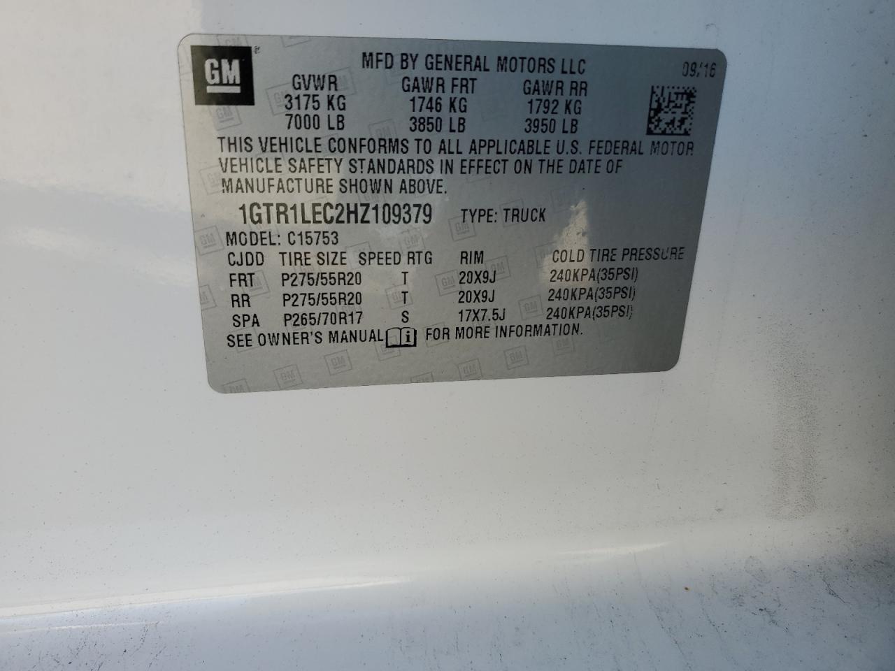 2017 GMC Sierra C1500 VIN: 1GTR1LEC2HZ109379 Lot: 91989945