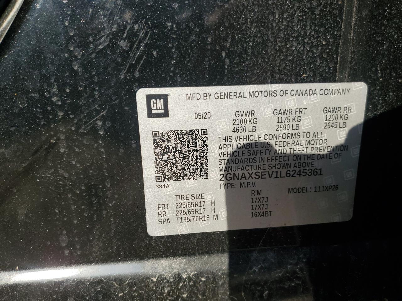 2020 Chevrolet Equinox Ls VIN: 2GNAXSEV1L6245361 Lot: 91495315