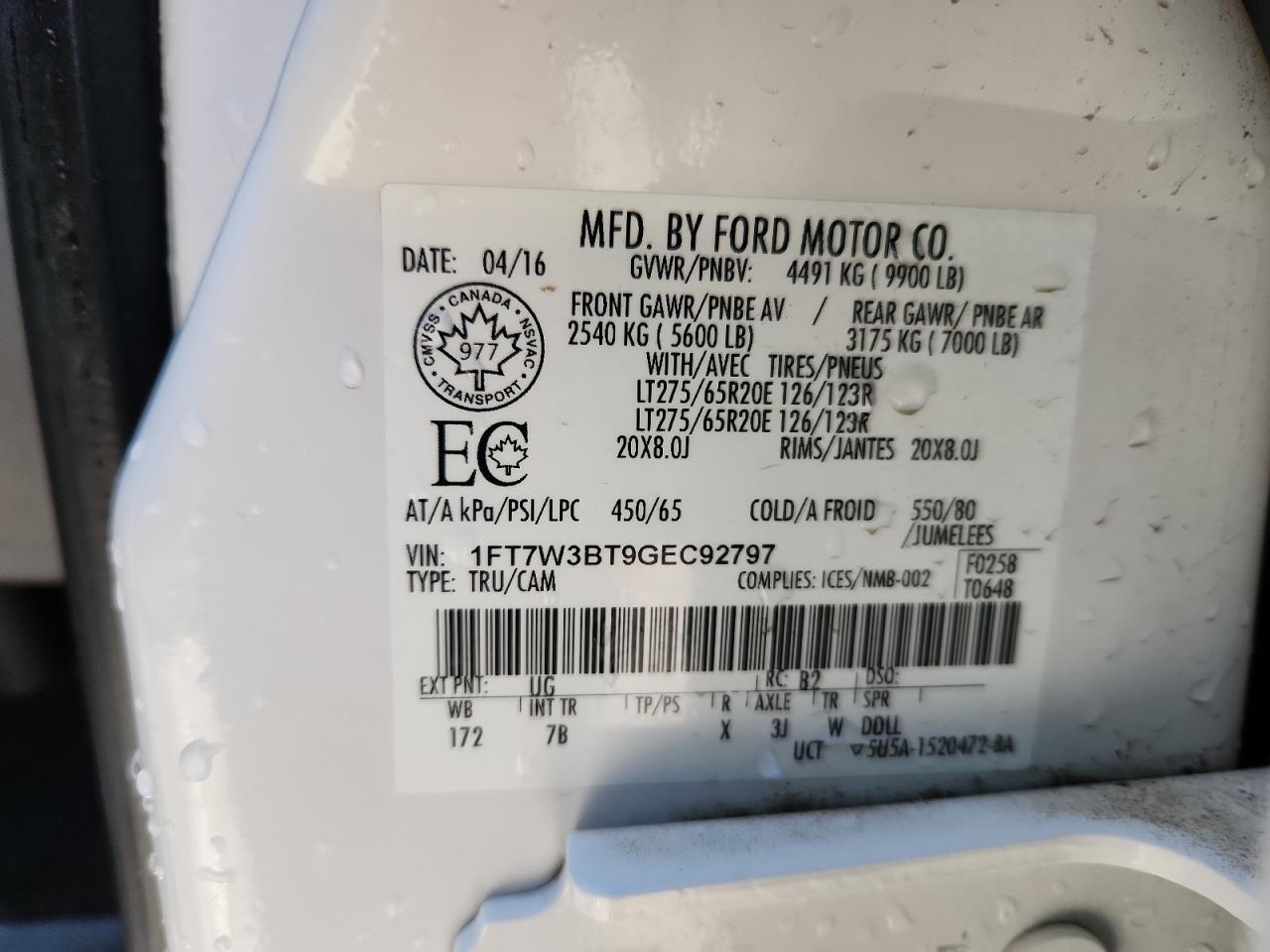 2016 Ford F350 Super Duty VIN: 1FT7W3BT9GEC92797 Lot: 90466965