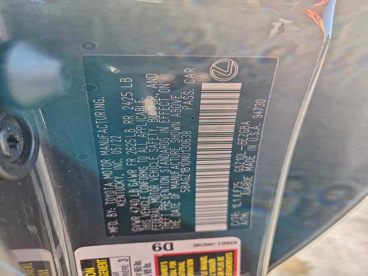 2022 Lexus Es 350 Base VIN: 58AGZ1B10NU130638 Lot: 94365595