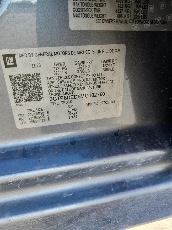 2021 GMC Sierra C1500 Slt VIN: 3GTP8DED5MG182760 Lot: 92172345