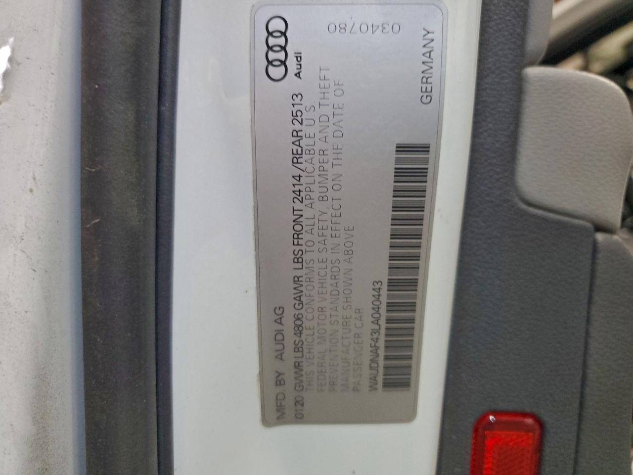 2020 Audi A4 Premium VIN: WAUDNAF43LA040443 Lot: 93750265