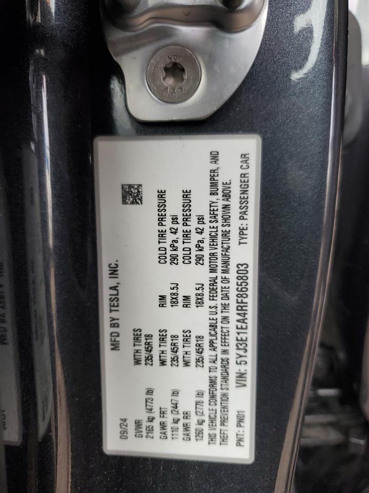 2024 Tesla Model 3 VIN: 5YJ3E1EA4RF865803 Lot: 93693935