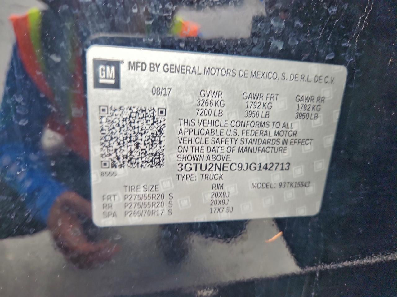 2018 GMC Sierra K1500 Slt VIN: 3GTU2NEC9JG142713 Lot: 93718855