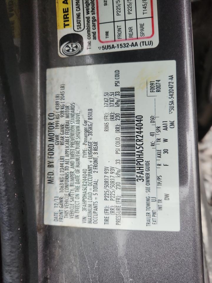 2012 Ford Fusion Se VIN: 3FAHP0HA5CR244040 Lot: 93410175