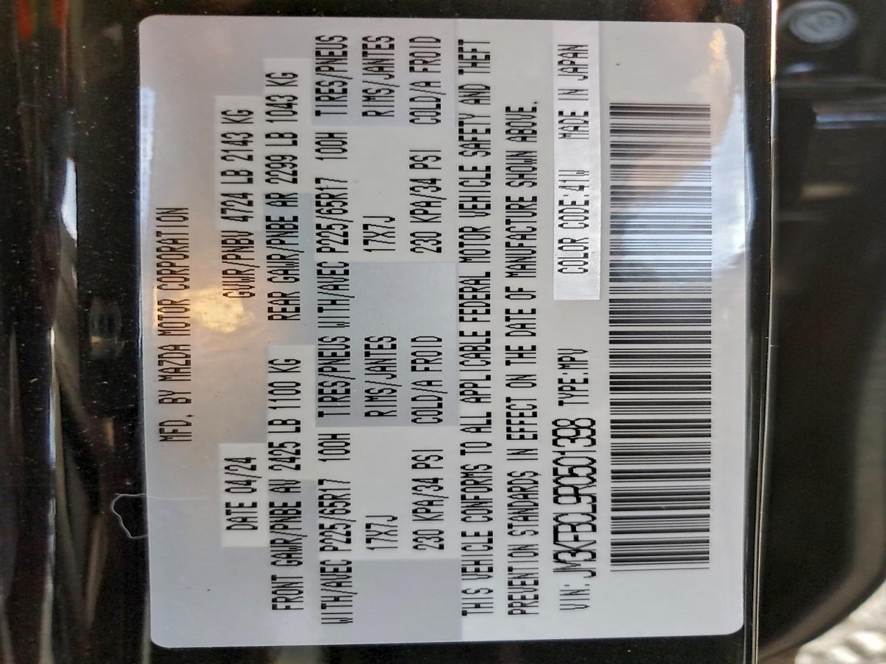 2024 Mazda Cx-5 Preferred VIN: JM3KFBCL9R0501398 Lot: 94546045